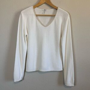 TWH Winter White Tan V Neck Long Sleeve Knit Pullover Sweater Top Size Medium